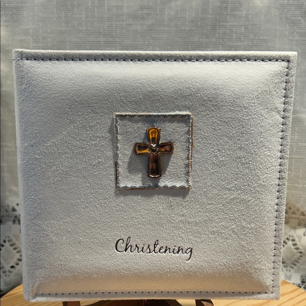 Vintage Faux-Grey Leather Religious-Christening Photo Album like New